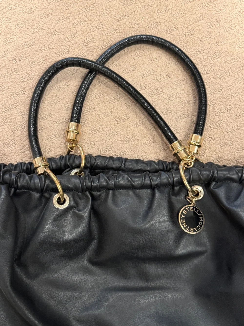 Stella McCartney Black Gathered Drawstring Tote with Gold Hardware - Picture 2 of 8